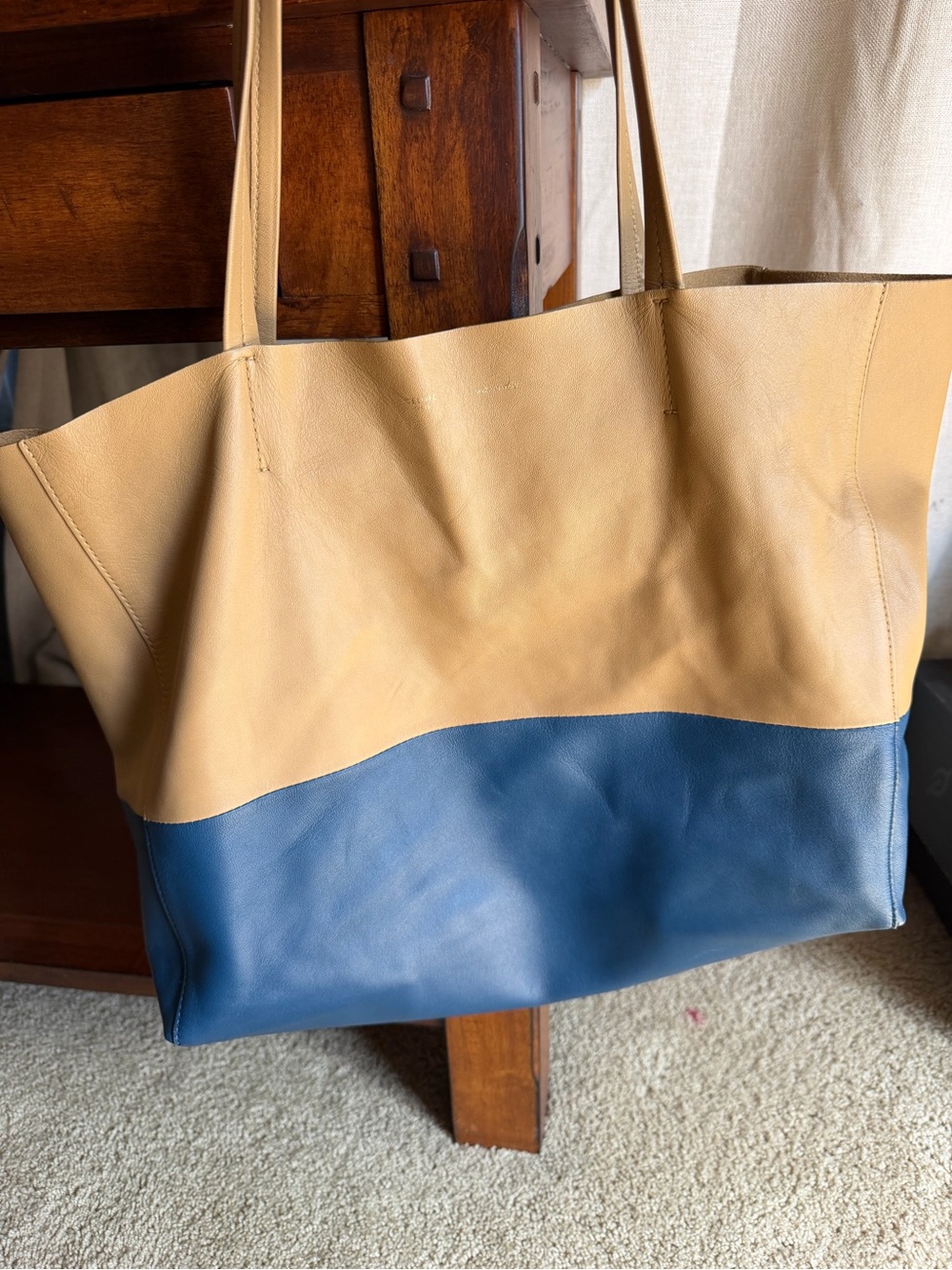 Celine CABA Two-Tone Leather Tote in Tan and Blue